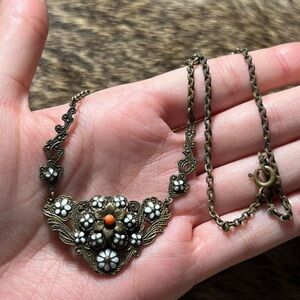 Vintage brass enamel, glass, and coral floral necklace